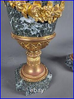 Paire De Cassolettes De Style Louis XVI En Marbre Vert De Mer Et Bronze Doré