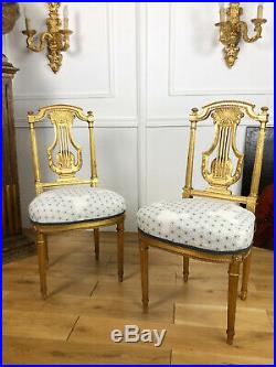 Paire De Chaises D'époque Napoléon III En Bois Doré De Style Louis XVI