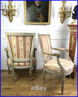Paire De Fauteuils Anciens Fin 19eme En Bois Laqué De Style Louis XVI