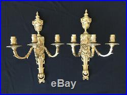 Paire d'Appliques Bronze 3 Branches Style Louis XVI Wall lLight Candelabra 19th