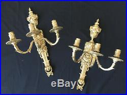 Paire d'Appliques Bronze 3 Branches Style Louis XVI Wall lLight Candelabra 19th