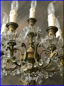 Paire d'Appliques Style Louis XVI En Bronze Doré Et Pampilles Cristal. XIXème
