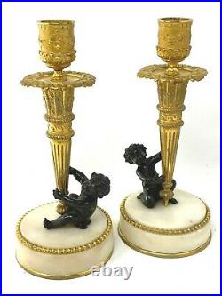 Paire de Bougeoir Amours & Carquois Bronze Doré & Double Patine Style Louis XVI