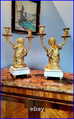 Paire de Candélabres en bronzes dorés Jeunes Bacchus, Bacchante Style Louis XVI