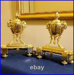 Paire de Chenets en bronzes dorés Style louis XVI aux Pots à feux et Béliers XIX