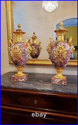 Paire de Vases d'ornement en Marbre et monture de Bonzes dorés Style louis XVI