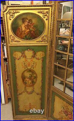 Paravent en bois doré époque Napoléon III portant peintures de style Louis XVI