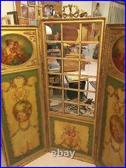 Paravent en bois doré époque Napoléon III portant peintures de style Louis XVI