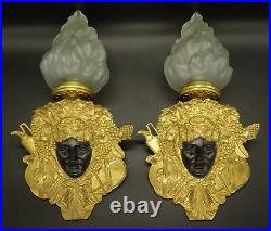 RARE GRANDE PAIRE APPLIQUES, MASCARON BACCHUS, STYLE LOUIS XVI DU XIXe BRONZE