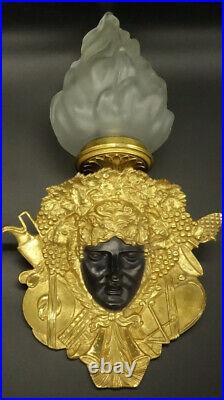 RARE GRANDE PAIRE APPLIQUES, MASCARON BACCHUS, STYLE LOUIS XVI DU XIXe BRONZE