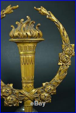 Rare Paire de grands parements 19E Bronze doré style Louis XVI torches roses