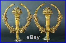 Rare Paire de grands parements 19E Bronze doré style Louis XVI torches roses N°2