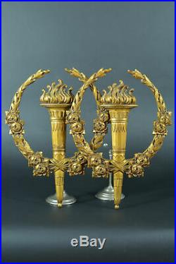 Rare Paire de grands parements 19E Bronze doré style Louis XVI torches roses N°2