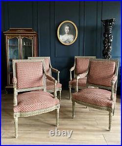 Série De 4 Fauteuils D'époque Napoléon III En Bois Rechampi De Style Louis XVI
