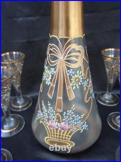 Service liqueur verre emaille decor panier fleuri style Louis XVI vers 1900