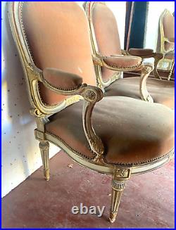 Suite de quatre fauteuils sculptée de style Louis XVI en bois patiné. XX siècle
