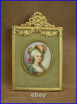 Superbe Peinture Miniature/ Porcelaine Cadre En Metal Doré Style Louis XVI
