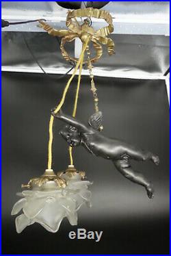 Suspension / Plafonnier, Au Putti, Style Louis Xvi, Début 1900 Bronze & Verre