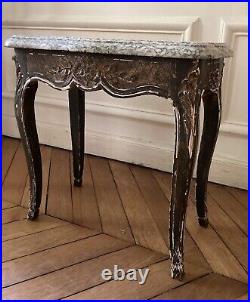 Table basse de Style Louis XVI laquée et dorée marbre gris veiné
