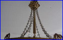 Vieux lustre plafonnier à pampilles style Louis XVI corbeille à 3 lumières